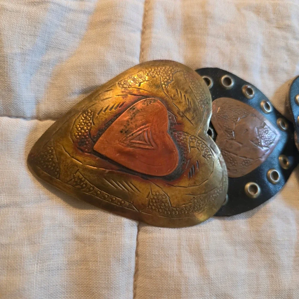 Vintage Heart Link Belt Womens Black Leather Mixed Metal Patina Made in Morocco